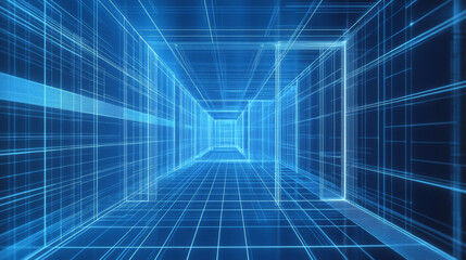 Poster - Metaverse Text 3D Wireframe Room on the Plue Background. Vector Perspective Grid. Futuristic VR Game Geometric Backdrop. Box with Digital Cyber Space.