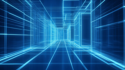 Poster - Metaverse Text 3D Wireframe Room on the Plue Background. Vector Perspective Grid. Futuristic VR Game Geometric Backdrop. Box with Digital Cyber Space.