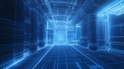 Poster - Metaverse Text 3D Wireframe Room on the Plue Background. Vector Perspective Grid. Futuristic VR Game Geometric Backdrop. Box with Digital Cyber Space.