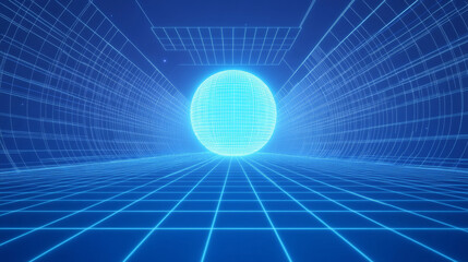 Poster - Metaverse Text 3D Wireframe Room on the Plue Background. Vector Perspective Grid. Futuristic VR Game Geometric Backdrop. Box with Digital Cyber Space.