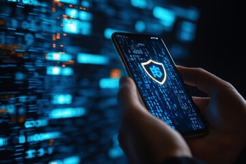 Poster - The concept of a cyber security network is represented by a man's hand protecting a network with a lock and white icon on virtual screens displayed on a smartphone