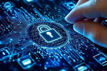 Poster - The concept of security is illustrated by the image of a businessman's hand pressing a lock icon with binary code