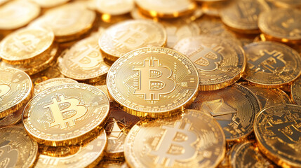 Poster - Heap of Golden Bitcoin. 3D rendering illustration.