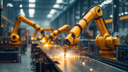 Poster - Isometric Industry 4.0 concept. Artificial intelligence. Digital manufacturing operation. Humanoid Robot with AI check and control welding robotics automatic arms machine