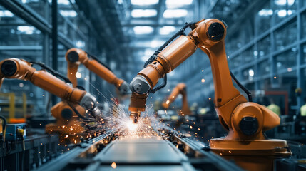 Poster - Isometric Industry 4.0 concept. Artificial intelligence. Digital manufacturing operation. Humanoid Robot with AI check and control welding robotics automatic arms machine