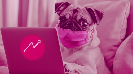 Poster - A pug dog in a surgical mask works from home on a computer notebook and receives a warning about an unsecured virus