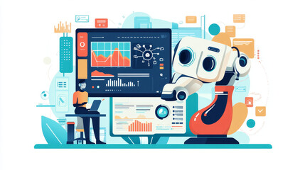 Poster - Isometric concept of RPA, artificial intelligence, robotics process automation, ai in fintech or machine transformation. Landing page template