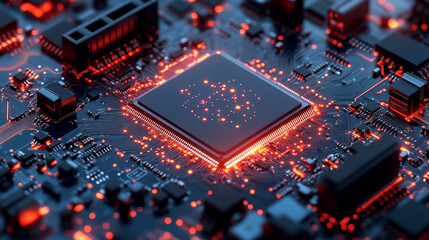 Poster - Glowing Letters AI on Advanced GPU Microchip. Next-generation Artificial Intelligence Acceleration Card for for High-Performance Computing inside Data Centers and Supercomputer. Isolated Circuit Board