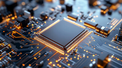 Poster - Glowing Letters AI on Advanced GPU Microchip. Next-generation Artificial Intelligence Acceleration Card for for High-Performance Computing inside Data Centers and Supercomputer. Isolated Circuit Board