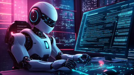 Poster - Isometric man programming of robot, settings artificial intelligence.