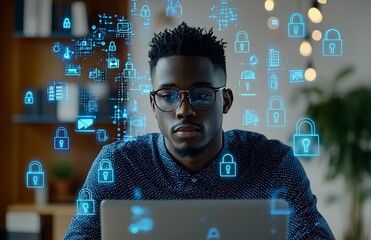 Poster - The African student has a laptop and is linked to a cybersecurity circuit through digital connections