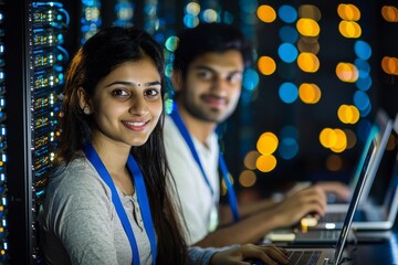 Poster - Individuals, whether joyful or working on laptops in a server room, are involved in IT engineering or software programming for the purposes of cybersecurity, analytics, or database safety, and they