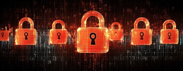 Poster - Digital illustration of modern technology's cybersecurity aspects includes a range of shield icons that embody the principles of data security and protection