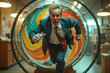© nskyr2 - Running away from a vicious circle. A man in a business suit runs out a hamster wheel.