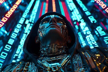 Poster - The picture depicts a hacker in a mask, situated on a dark background, and integrated with digital effects, designated as Stock