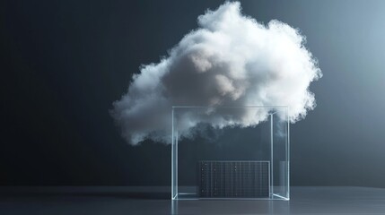 Poster - The concept of cloud computing, including digital information, data center technology, computer information storage, and cybersecurity, is shown through a 3D illustration