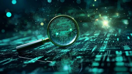 Concept of data analysis symbolized by a magnifying glass, incorporating digital data search, binary code investigation, and information technology for cybersecurity research and virtual data