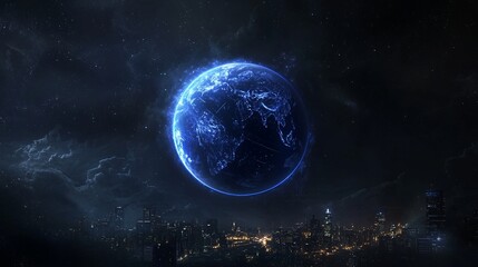Poster - A futuristic nighttime financial setting features the Earth digitally represented and encircled by data visuals and graphs