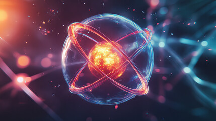 Poster - Development of nuclear or atomic technology. Interaction of different studies. Isometric vector illustration