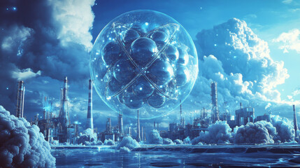 Poster - Development of nuclear or atomic technology. Interaction of different studies. Isometric vector illustration