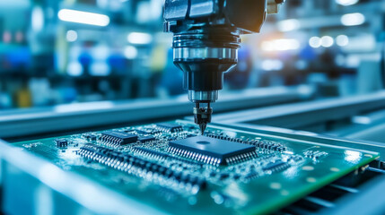 Poster - Circuit Board with Advanced Microchip on Assembly Line. Electronics Manufacturing Facility or Factory. Electronic Devices Production Industry. Fully Automated PCB Assembly Line.