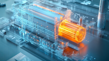 Poster - Development of nuclear or atomic technology. Interaction of different studies. Isometric illustration.