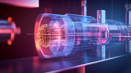 Poster - Development of nuclear or atomic technology. Interaction of different studies. Isometric illustration.