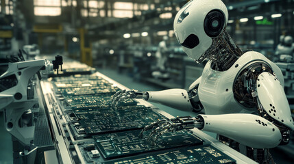 Poster - Printed Circuit Board with Advanced Processing Unit. Conveyor on Electronics Factory. Electronic Devices Production Industry. Fully Automated PCB Assembly Line.