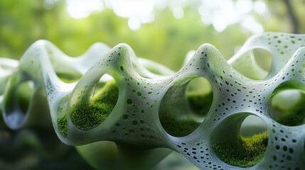 Wall Mural - Intricate organic structure resembling a nature-inspired sculpture showcases unique forms and textures in a lush green environment Generative AI
