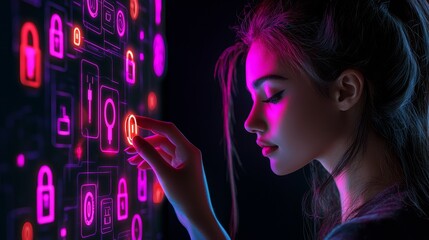 Poster - businesswoman interacting with a digital lock icon on a holographic screen