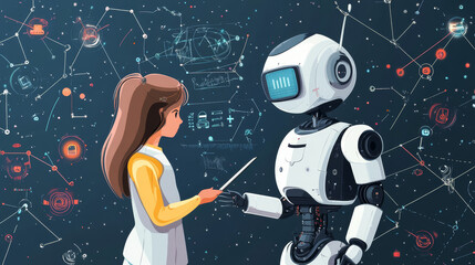 Poster - Isometric robot learning or solving problems concept. Artificial intelligence business vector illustration. Science teacher bot. Knowledge Expertise Intelligence Learn. Online training banner