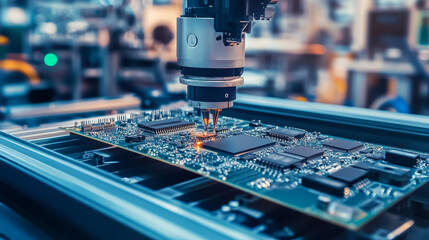 Poster - Automatic Pick and Place machine quickly installs Components on Generic Circuit Board. Electronics and Circuit board Manufacturing. Bright Environment