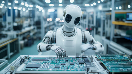 Poster - Automatic Pick and Place machine quickly installs Components on Generic Circuit Board. Electronics and Circuit board Manufacturing. Bright Environment