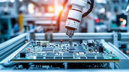 Poster - Automatic Pick and Place machine quickly installs Components on Generic Circuit Board. Electronics and Circuit board Manufacturing. Bright Environment