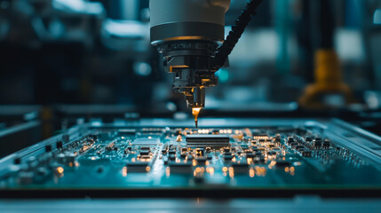 Poster - Automatic Pick and Place machine quickly installs Components on Circuit Board. Electronics and Circuit board Manufacturing. Dark Environment