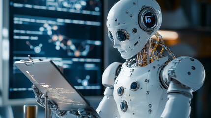 Poster - Isometric Science teacher bot concept. Artificial Intelligence, Knowledge Expertise Intelligence Learn. Technology and engineering. Online training banner.
