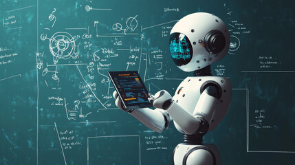 Poster - Isometric Science teacher bot concept. Artificial Intelligence, Knowledge Expertise Intelligence Learn. Technology and engineering. Online training banner.