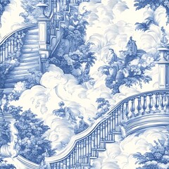 Poster - Elegant Blue and White Floral Wallpaper with Staircase Design