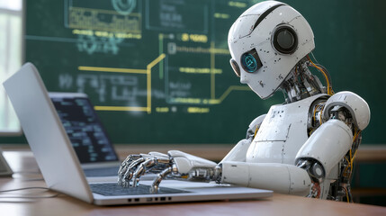 Poster - Isometric Science teacher bot concept. Artificial Intelligence, Knowledge Expertise Intelligence Learn. Technology and engineering. Online training banner