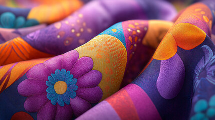 Poster - Boldly patterned colorful fabric displaying an artistic floral design showcasing vibrant hues and creative composition for fashion or decor use.