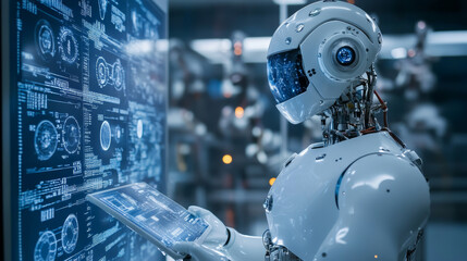 Poster - Isometric Science teacher bot concept. Artificial Intelligence, Knowledge Expertise Intelligence Learn. Technology and engineering. Online training banner