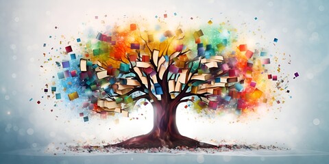 Wall Mural - A tree made of books, white background, creative composition, colorful book spines