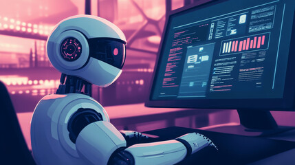 Poster - Isometric robots man with artificial intelligence working with a virtual interface in chatbot emails. Message online chat social text vector Illustration