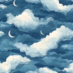 Poster - Soft Clouds and Moonlit Sky in Shades of Blue and White Night
