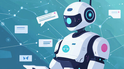 Poster - Isometric robots man with artificial intelligence working with a virtual interface in chatbot emails. Message online chat social text vector Illustration