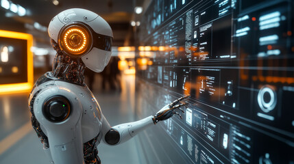 Poster - Isometric robots man with artificial intelligence working with a virtual interface in chatbot emails. Message online chat social text vector Illustration