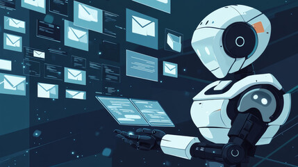 Poster - Isometric robots man with artificial intelligence working with a virtual interface in chatbot emails. Message online chat social text vector Illustration