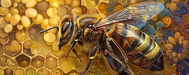 Poster - Illustration of a honey bee standing on a honeycomb, with intricate details and textures