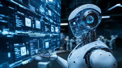 Poster - Isometric robots man with artificial intelligence working with a virtual interface in chatbot emails. Message online chat social text Illustration.