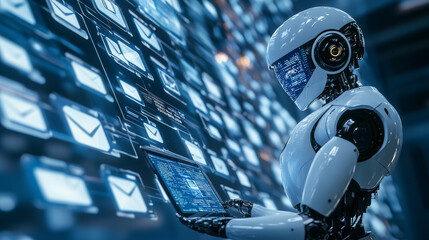 Poster - Isometric robots man with artificial intelligence working with a virtual interface in chatbot emails. Message online chat social text vector Illustration